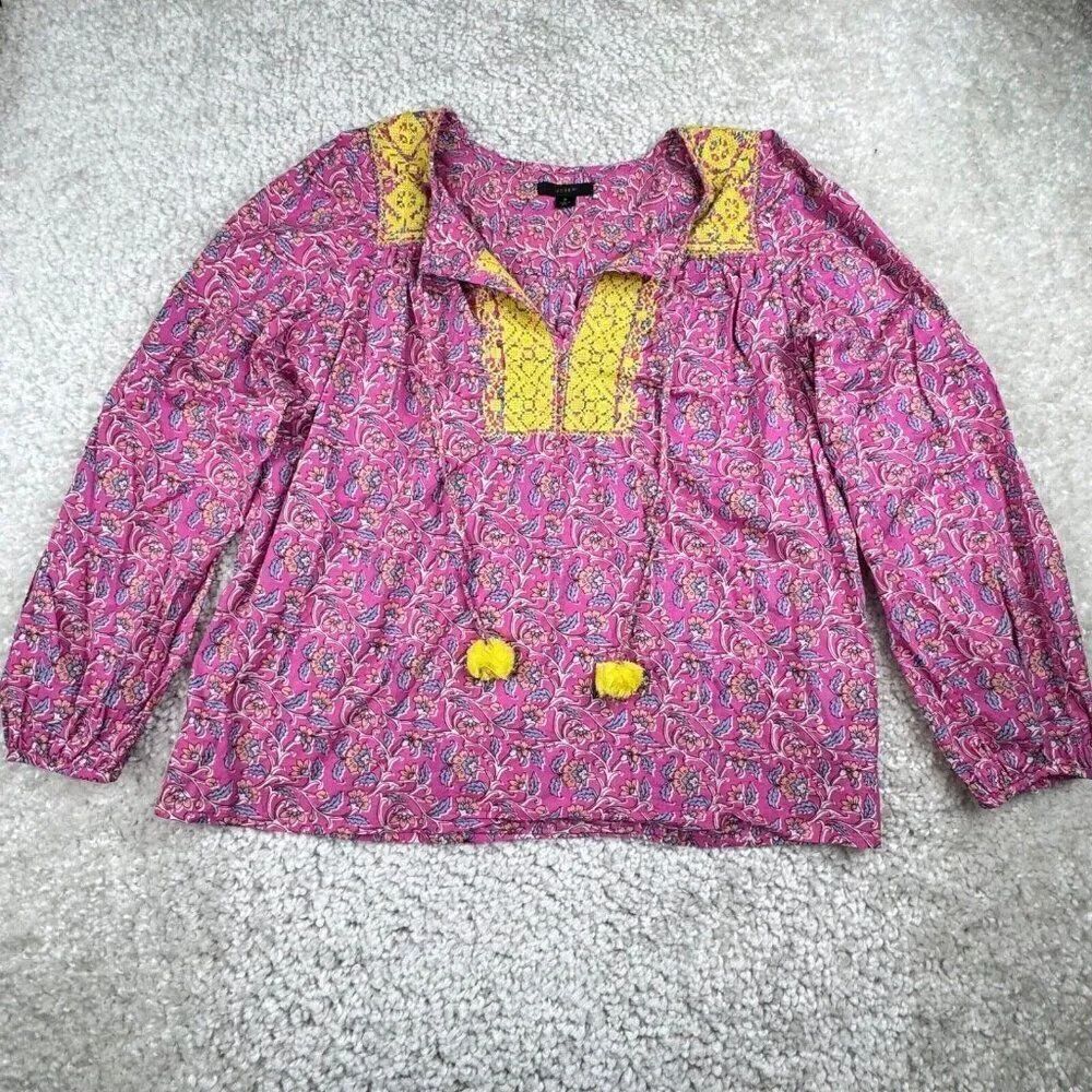 J. Crew Embroidered Cotton Pink Floral Pom Pom Blouse